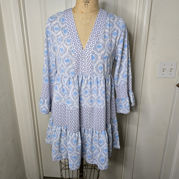 Entro‎ Chic Blue contrasting Patterned tiered womens Dress S - Picture 1 of 11